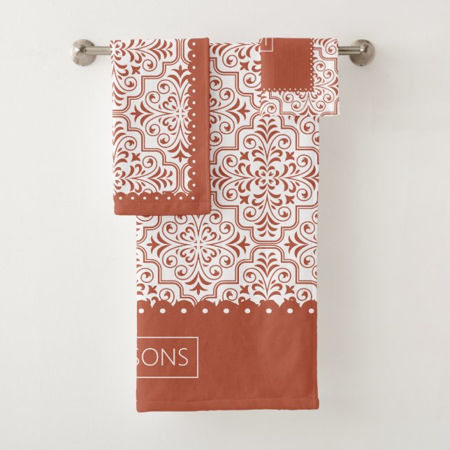Terracotta damask pattern, scalloped borders bath towel set (Insitu)