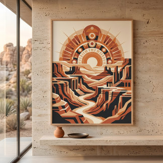 Terracotta Desert Canyon Retro Sunburst Landscape Poster