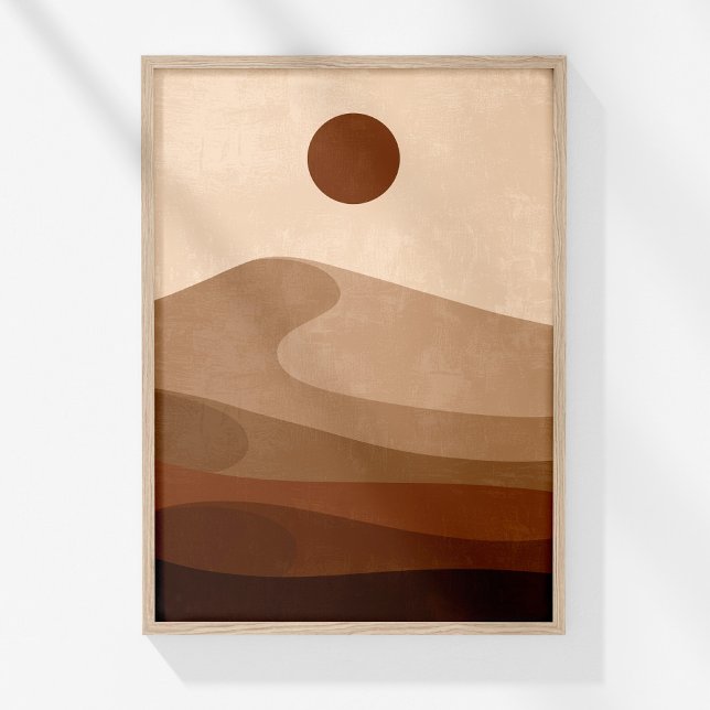 Terracotta Desert Landscape Neutral Boho Wall Art  (Boho Neutral Abstract Landscape Desert Wall Art in a wooden frame on a sunny white wall.)