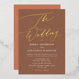 Terracotta Desert Orange Elegant Boho Gold Wedding Foil Invitation