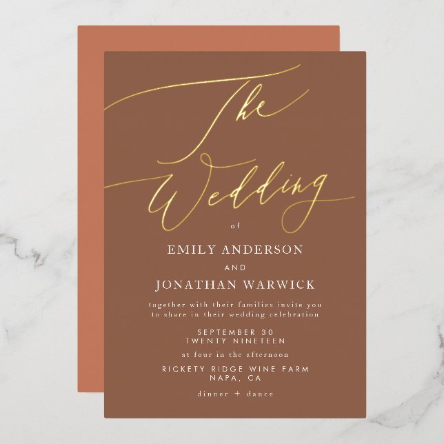 Terracotta Desert Orange Elegant Boho Gold Wedding Foil Invitation (Front/Back)