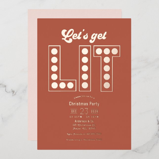 Terracotta Dream Get Lit Retro Christmas Party Foil Invitation (Front/Back)