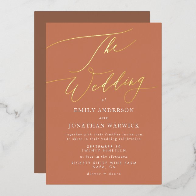 Terracotta Dusty Orange Elegant Boho Gold Wedding Foil Invitation (Front/Back)