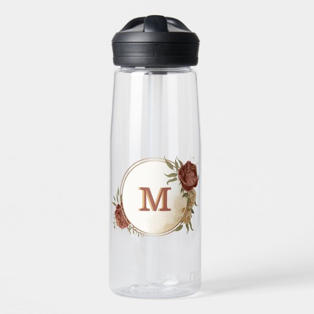 terracotta earth tone floral greenery monogram water bottle (Front)
