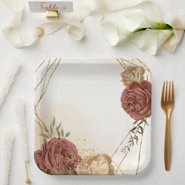 terracotta earth tone floral greenery paper plates (Wedding)