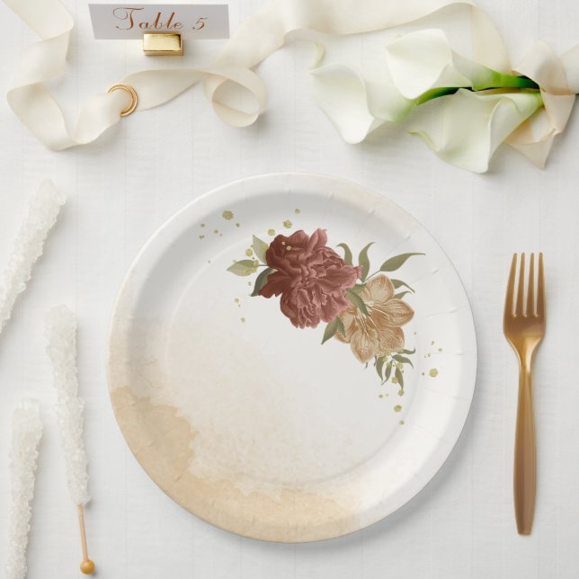 terracotta earth tone floral greenery paper plates (Wedding)