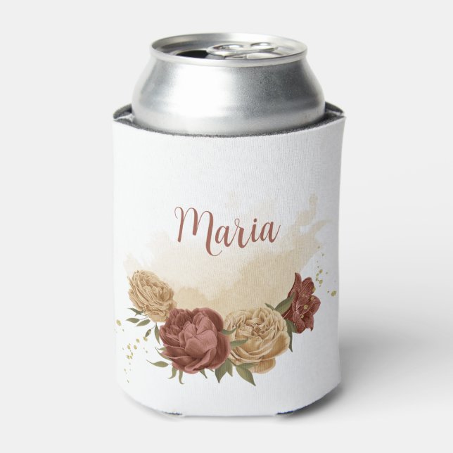 terracotta earth tone floral greenery  wedding can cooler (Can Front)