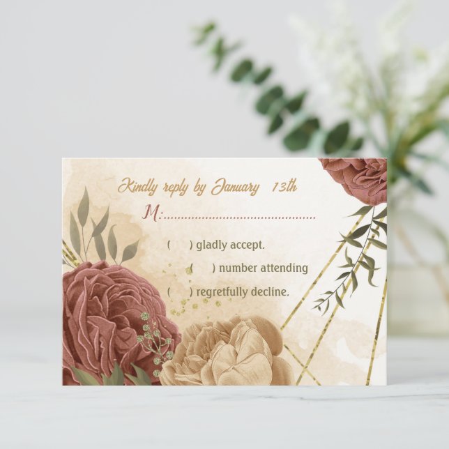 terracotta earth tone floral greenery wedding RSVP card (Standing Front)
