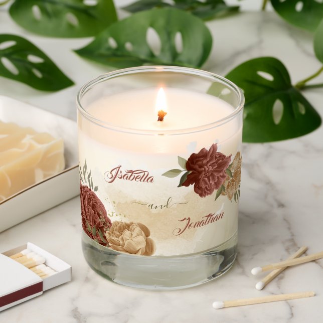 terracotta earth tone floral greenery wedding scented candle (Lit)