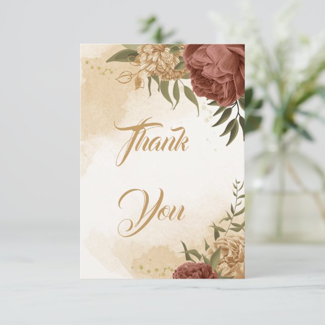 terracotta earth tone floral greenery wedding  thank you card (Standing Front)
