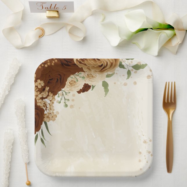 terracotta earth tone floral wedding paper plates (Wedding)
