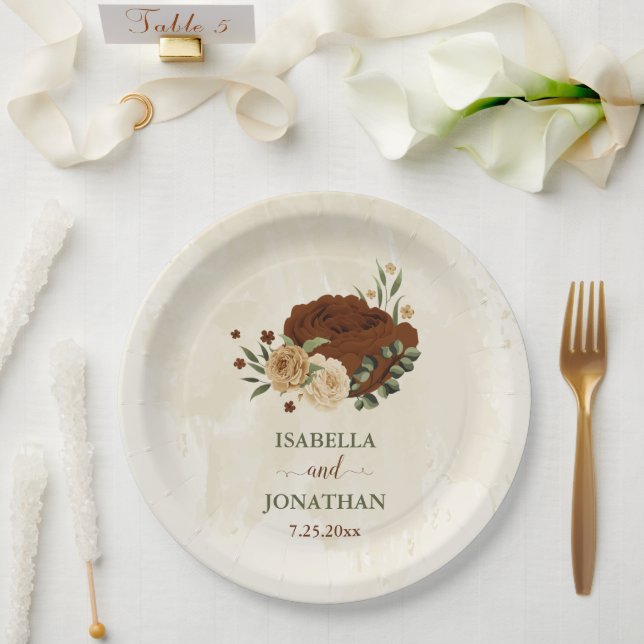 terracotta earth tone floral wedding paper plates (Wedding)