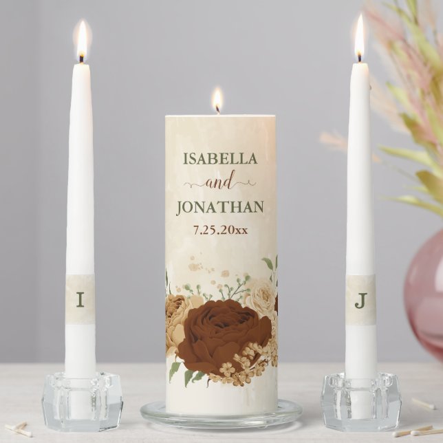 terracotta earth tone floral wedding unity candle set (In Situ)