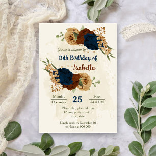 terracotta earth tone navy floral birthday invitation