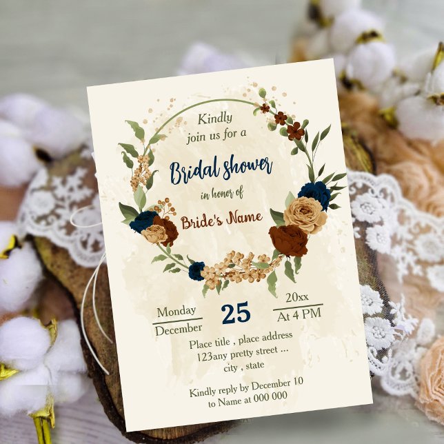 terracotta earth tone navy floral bridal shower invitation (Creator Uploaded)