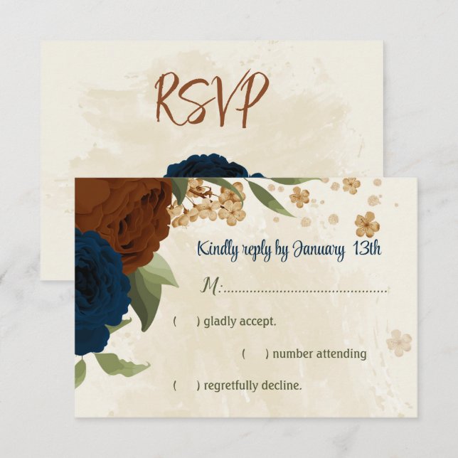 terracotta earth tone navy floral greenery wedding RSVP card (Front/Back)