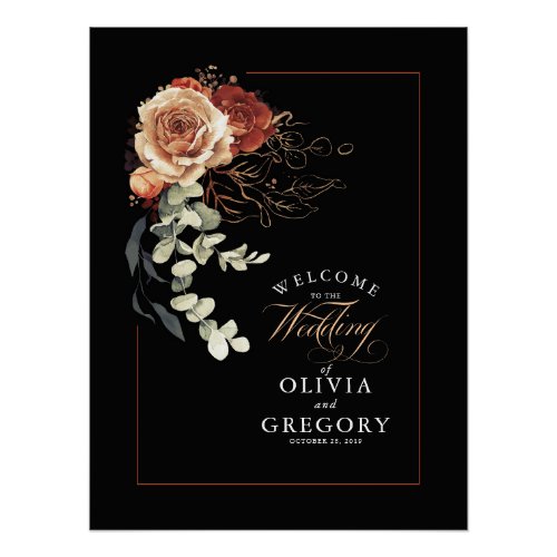 Terracotta Earthy Floral Black Wedding Welcome Poster