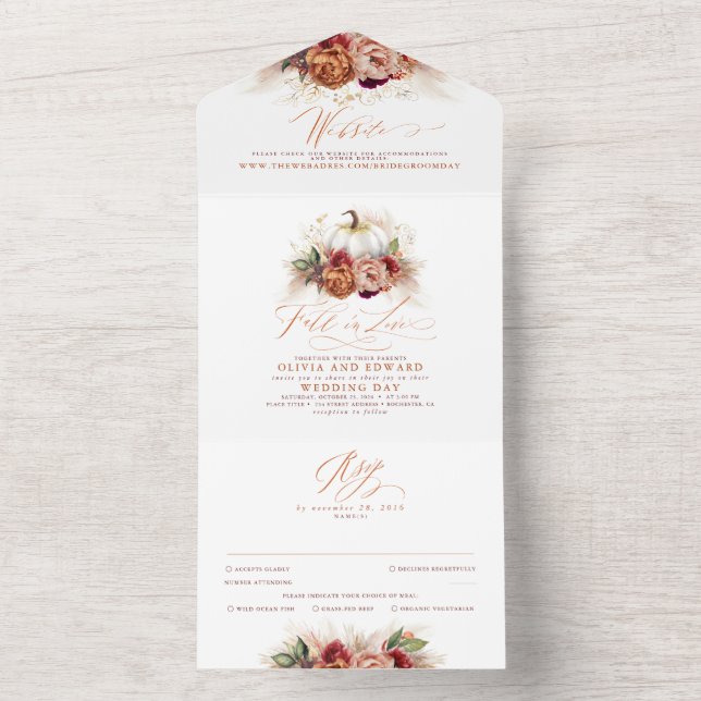 Terracotta Earthy Floral Pumpkins Fall Wedding All In One Invitation (Inside)