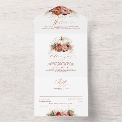 Terracotta Earthy Floral Pumpkins Fall Wedding All In One Invitation