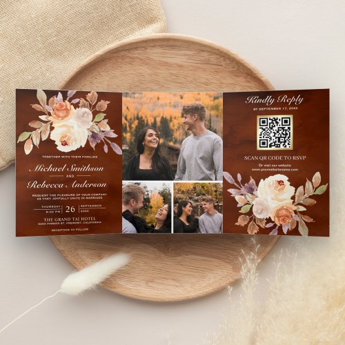 Terracotta Earthy Ivory Floral QR Code Wedding Tri_Fold Invitation