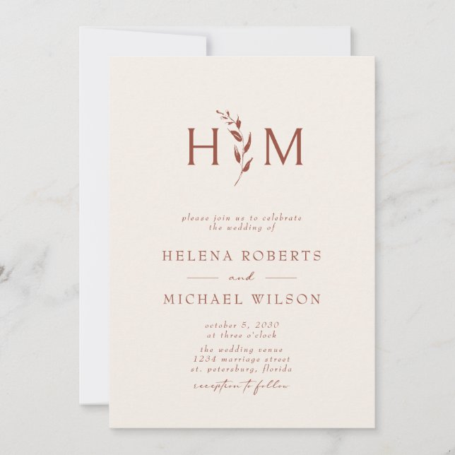 Terracotta Ecru QR Code Botanical Monogram Wedding Invitation (Front)