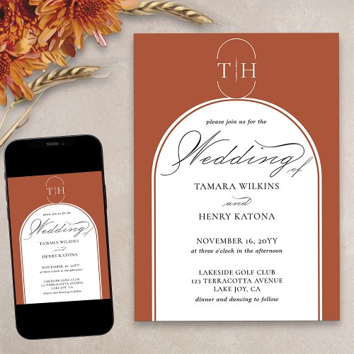 Terracotta Elegant Calligraphy Monogrammed Wedding Invitation