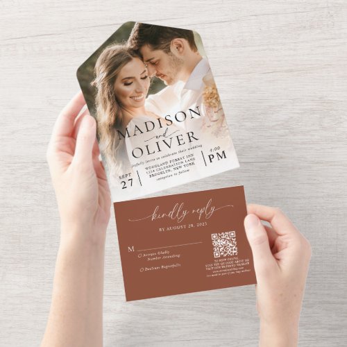 Terracotta Elegant Classic QR Code Photo Wedding All In One Invitation