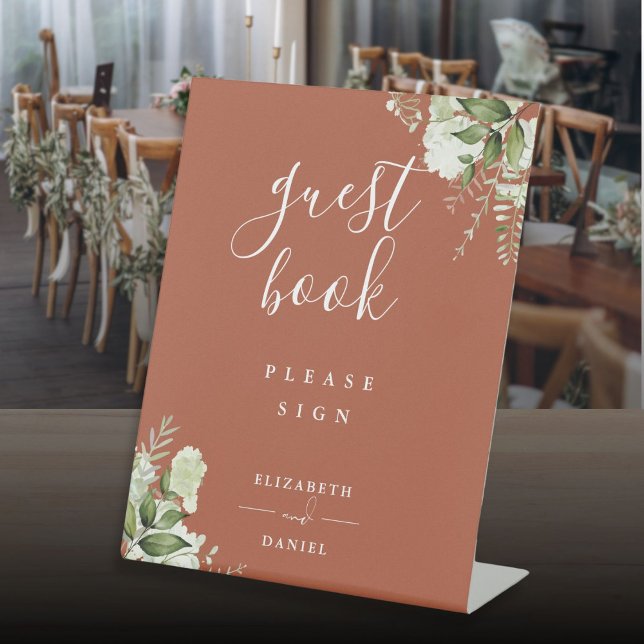Terracotta Elegant Floral Greenery Guest Book Pedestal Sign (Terracotta Elegant Floral Greenery Guest Book Pedestal Sign)