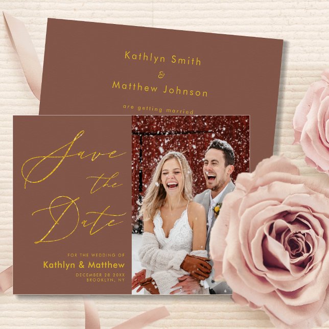 Terracotta Elegant Gold Script Modern Wedding Save The Date (Creator Uploaded)