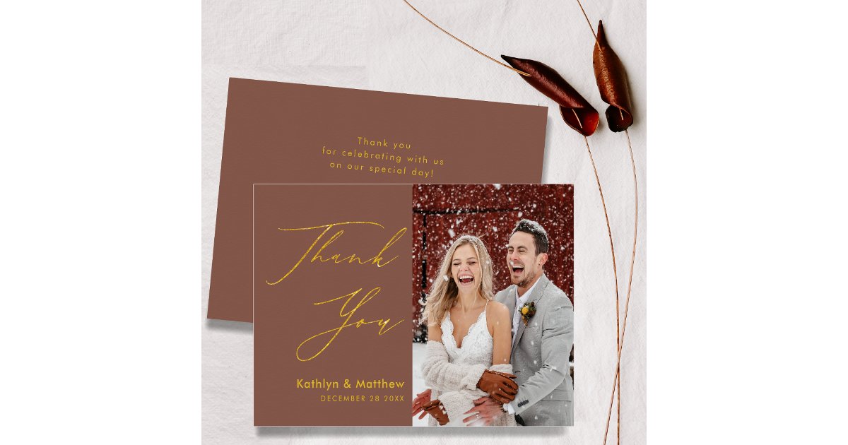 Terracotta Elegant Gold Script Modern Wedding Thank You Card | Zazzle