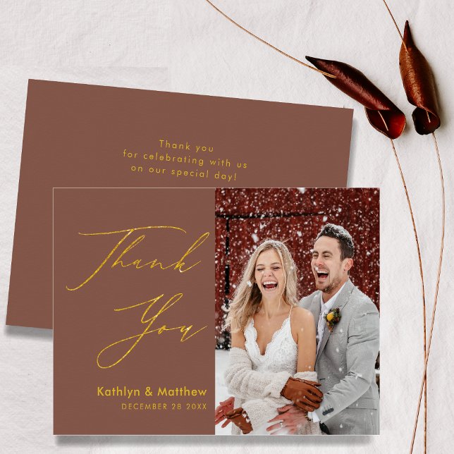 Terracotta Elegant Gold Script Modern Wedding Thank You Card (Creator Uploaded)