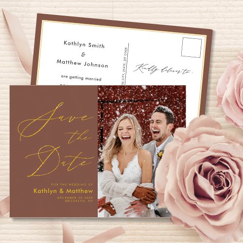 Terracotta Elegant Gold Script Save The Date Announcement Postcard