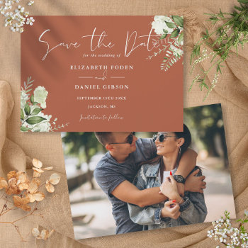 Terracotta Elegant Greenery Floral Photo Wedding Save The Date by thisisnotmedesigns at Zazzle