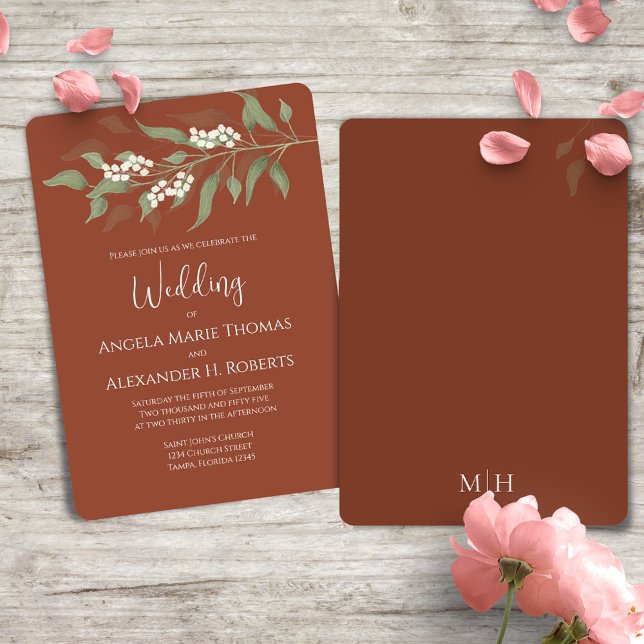 Terracotta Elegant Greenery Wedding Custom Invitation (Terracotta elegant wedding invitation with watercolor greenery and foliage. )