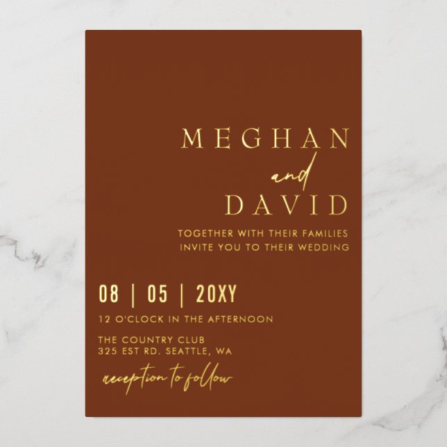 Terracotta Elegant Handwritten Simple Wedding  Foil Invitation (Front)