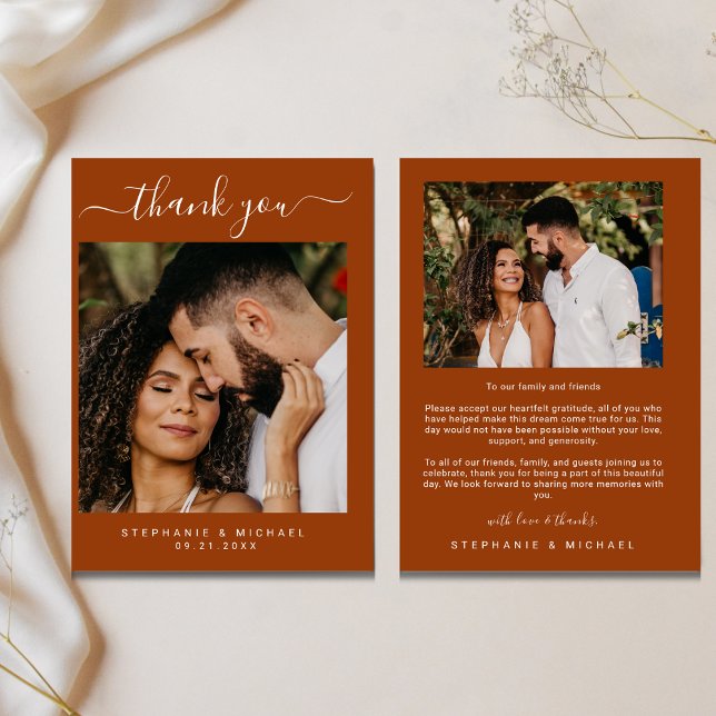 Terracotta Elegant Modern 2 Photo Wedding Thank You Card (Creator Uploaded)
