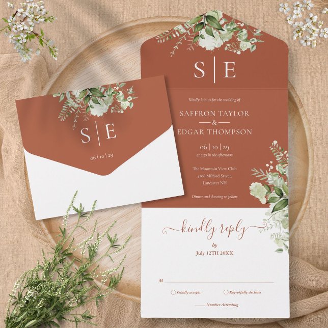 Terracotta Elegant Monogram Greenery Wedding All In One Invitation (Terracotta Elegant Monogram Greenery Wedding All In One Invitation)