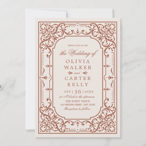 Terracotta elegant ornate romantic vintage wedding invitation