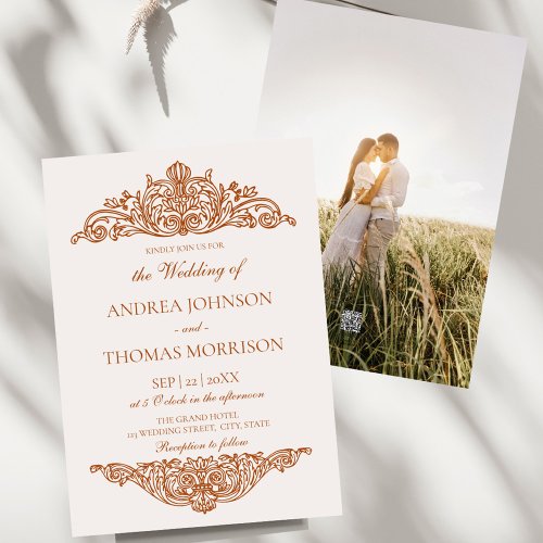 Terracotta Elegant Ornate Vintage Wedding Photo Invitation