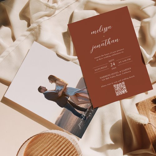 Terracotta Elegant Photo QR code Rsvp  Wedding Invitation