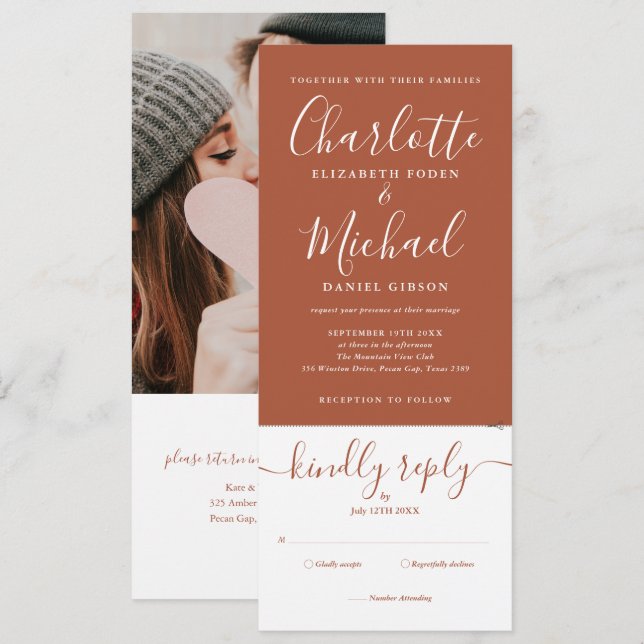 Terracotta Elegant Script All In One Photo Wedding Invitation (Front/Back)
