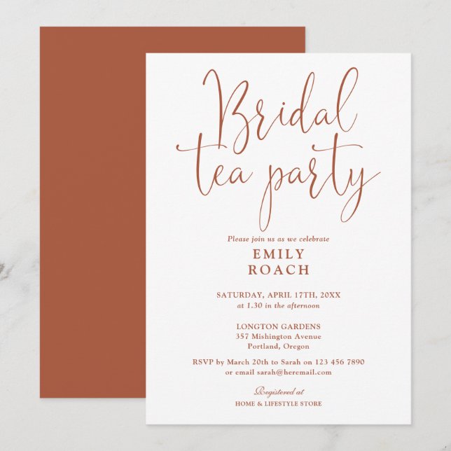 Terracotta Elegant Script Bridal Tea Party Shower Invitation (Front/Back)