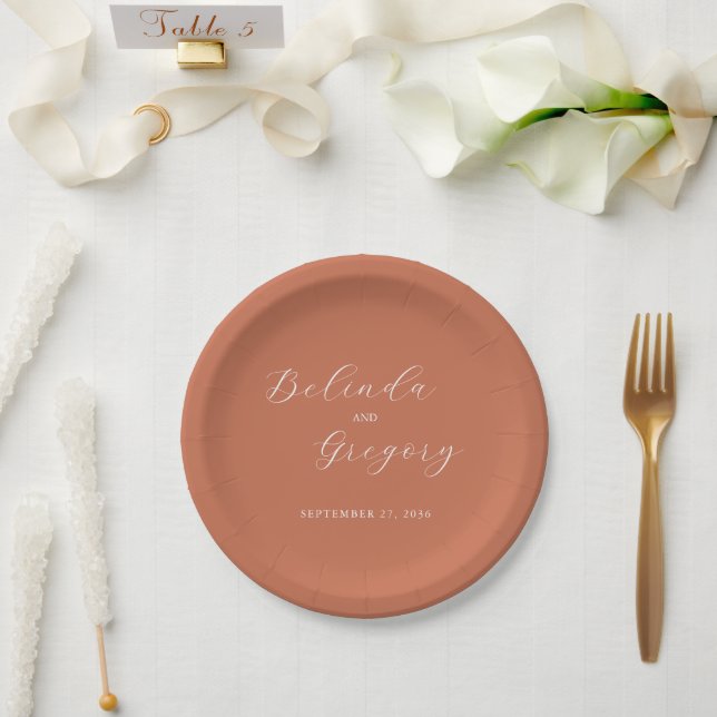 Terracotta Elegant Script Calligraphy Wedding  Paper Plates (Wedding)