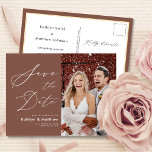 Terracotta Elegant Script Modern Save The Date  Announcement Postcard<br><div class="desc">Terracotta Elegant Script Modern Photo Simple Wedding Save The Date Announcement Postcard. Let your family, friends and colleagues know that you have set a date for your wedding celebration with this elegant, stylish and modern wedding save the date invitation card. All the texts are pre-arranged for you to personalize easily...</div>