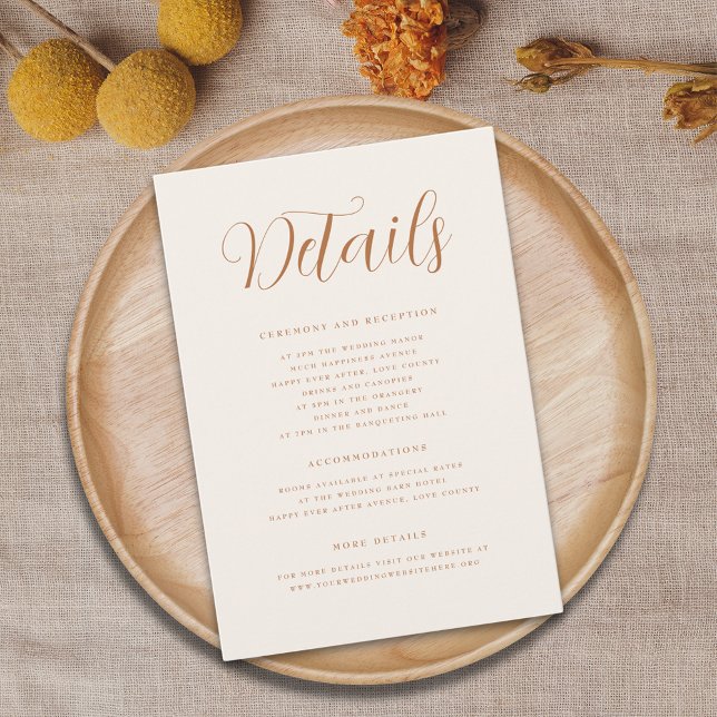 Terracotta Elegant Script Modern Wedding details  Enclosure Card (Minimalist terracotta beige cream wedding details elegant modern script)