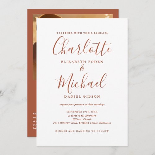 Terracotta Elegant Script QR Code Photo Wedding Invitation