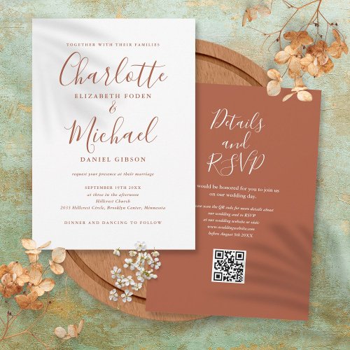 Terracotta Elegant Script QR Code Wedding Invitation