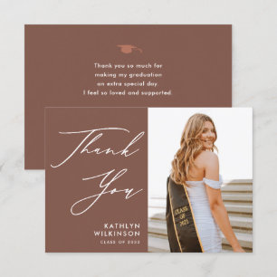 Terracotta Elegant Script Simple Photo Graduation Thank You Card