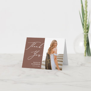 Terracotta Elegant Script Simple Photo Graduation Thank You Card