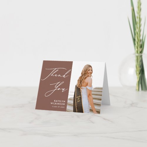 Terracotta Elegant Script Simple Photo Graduation Thank You Card